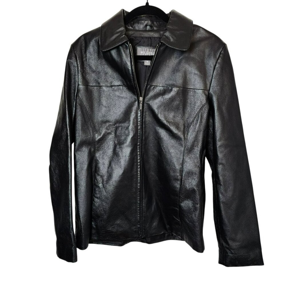 Wilsons Leather Jacket M  Black Moto  Zip Front  Genuine Leather  Classic Fit